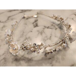 Floral Bridal Headband With White Artificial Flowers & Faux Pearls